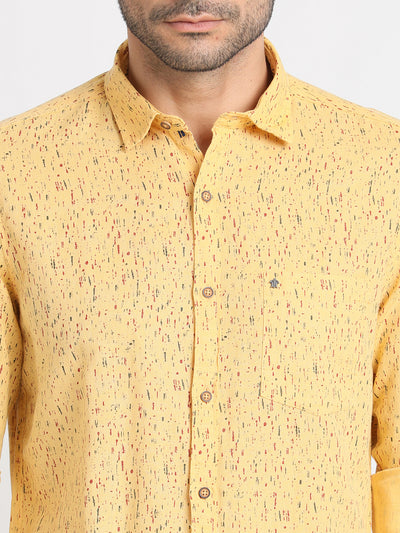 Cotton Linen Yellow Printed Slim Fit Full Sleeve Casual Shirt