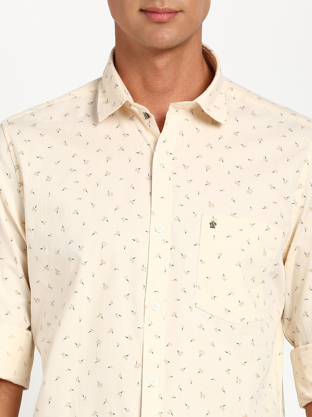 100% Cotton Beige Printed Slim Fit Full Sleeve Casual Shirt