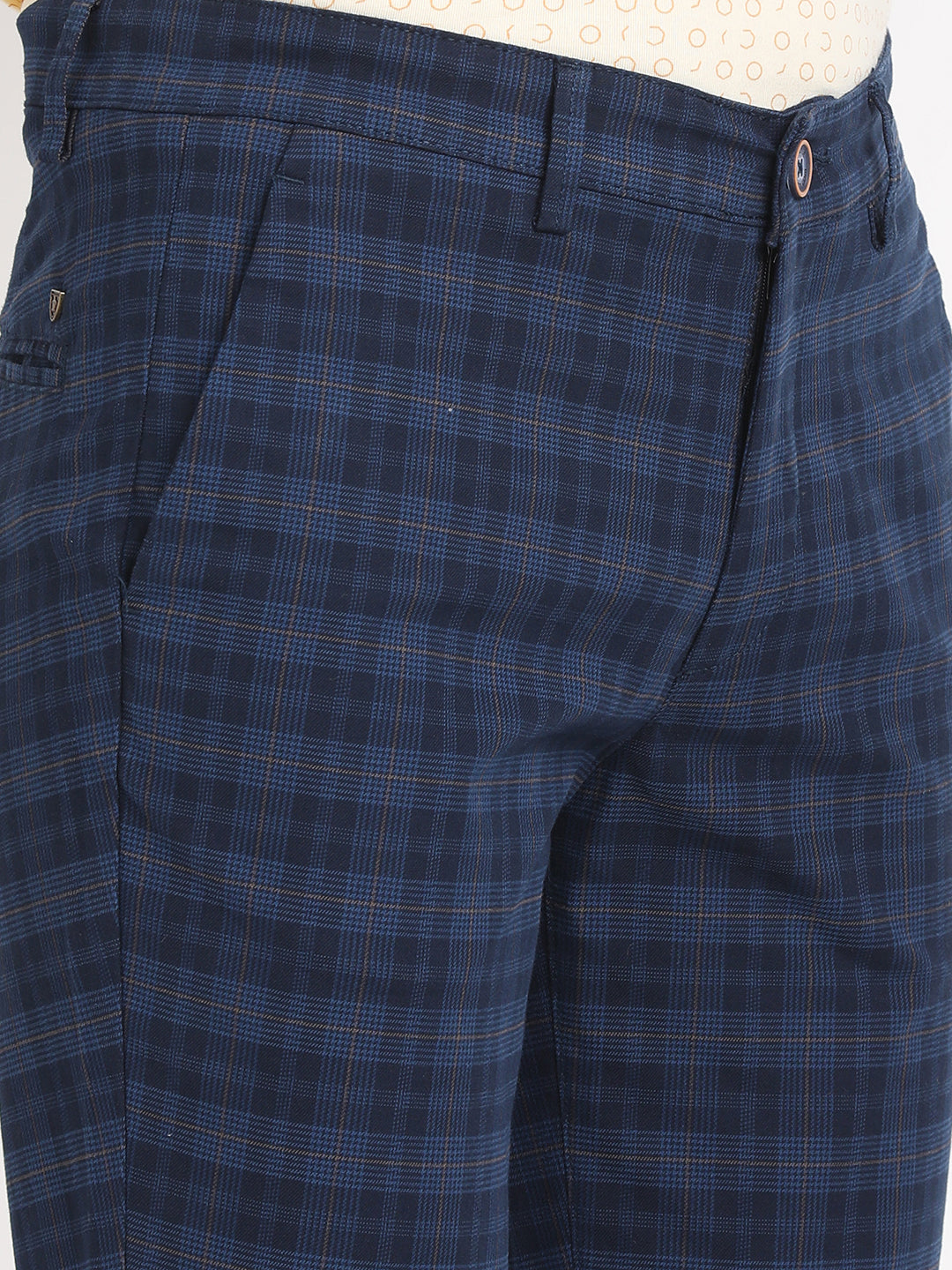 Cotton Stretch Blue Checkered Narrow Fit Flat Front Casual Trouser