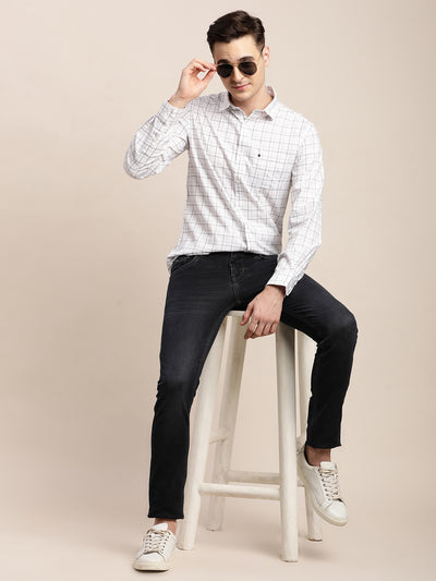 100% Cotton White Checkered Slim Fit Full Sleeve Casual Shirt