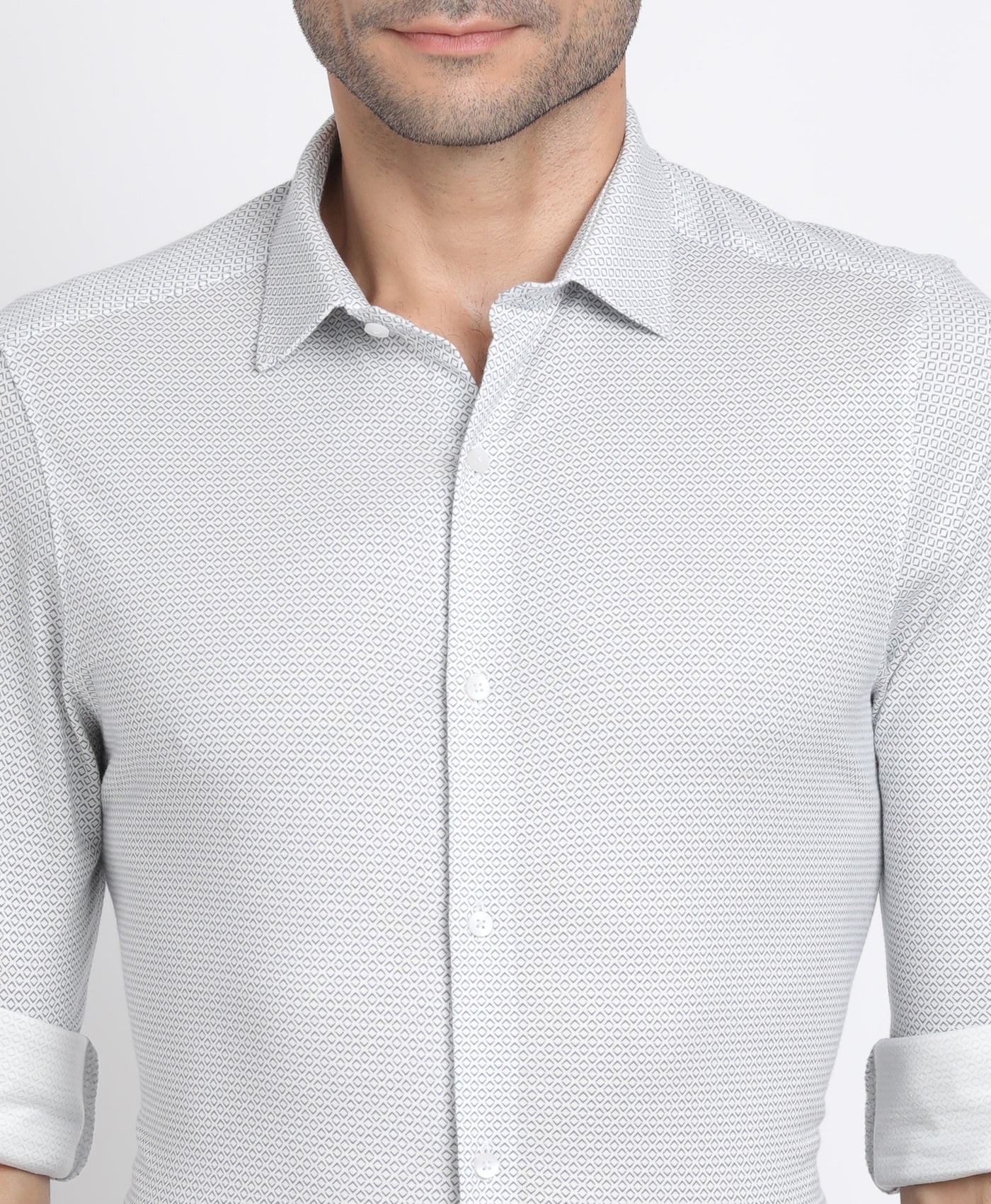 Knitted White Printed Slim Fit Full Sleeve Formal Shirt