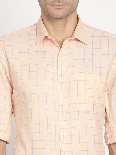 100% Cotton Beige Checkered Slim Fit Full Sleeve Formal Shirt