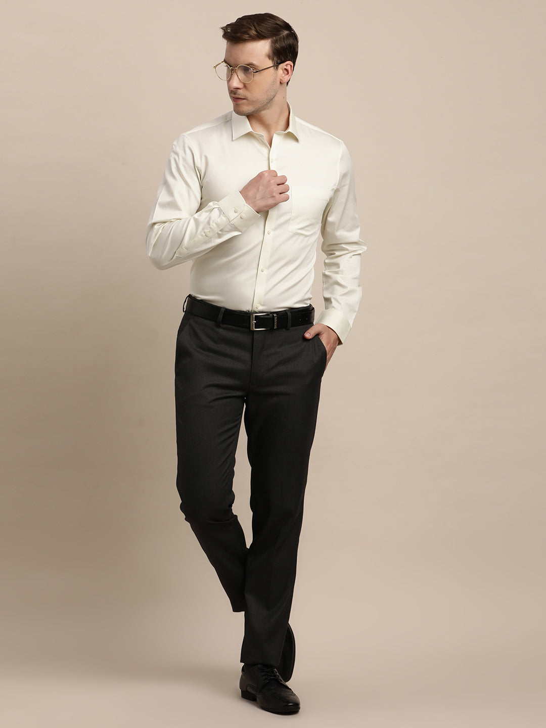 100% Cotton Cream Plain Slim Fit Full Sleeve Formal Shirt