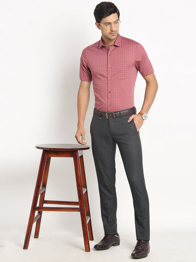 100% Cotton Maroon Checkered Regular Fit Half Sleeve Formal Shirt
