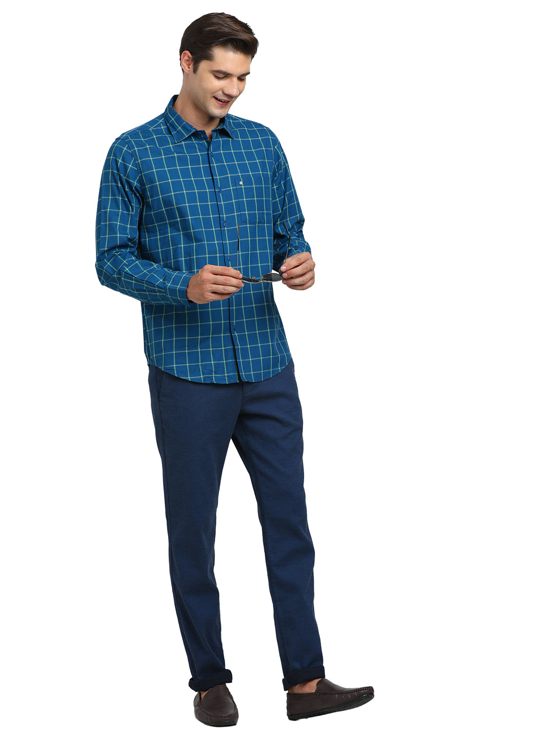 100% Cotton Teal Blue Checkered Slim Fit Full Sleeve Casual Shirt