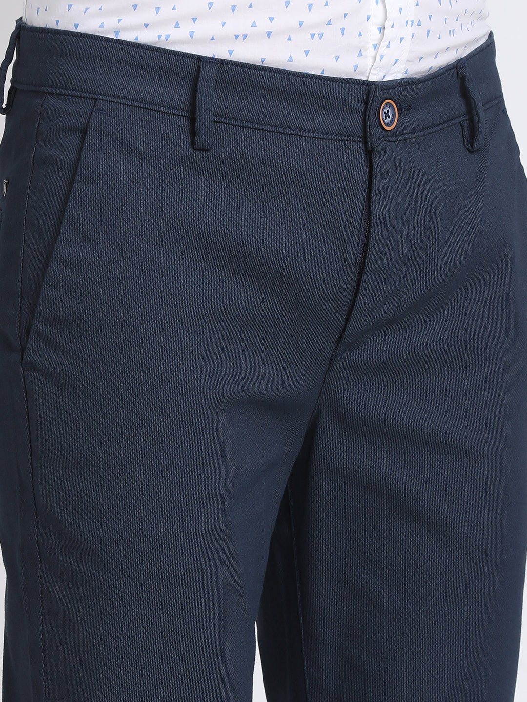 Cotton Stretch Navy Dobby Ultra Slim Fit Flat Front Casual Trouser