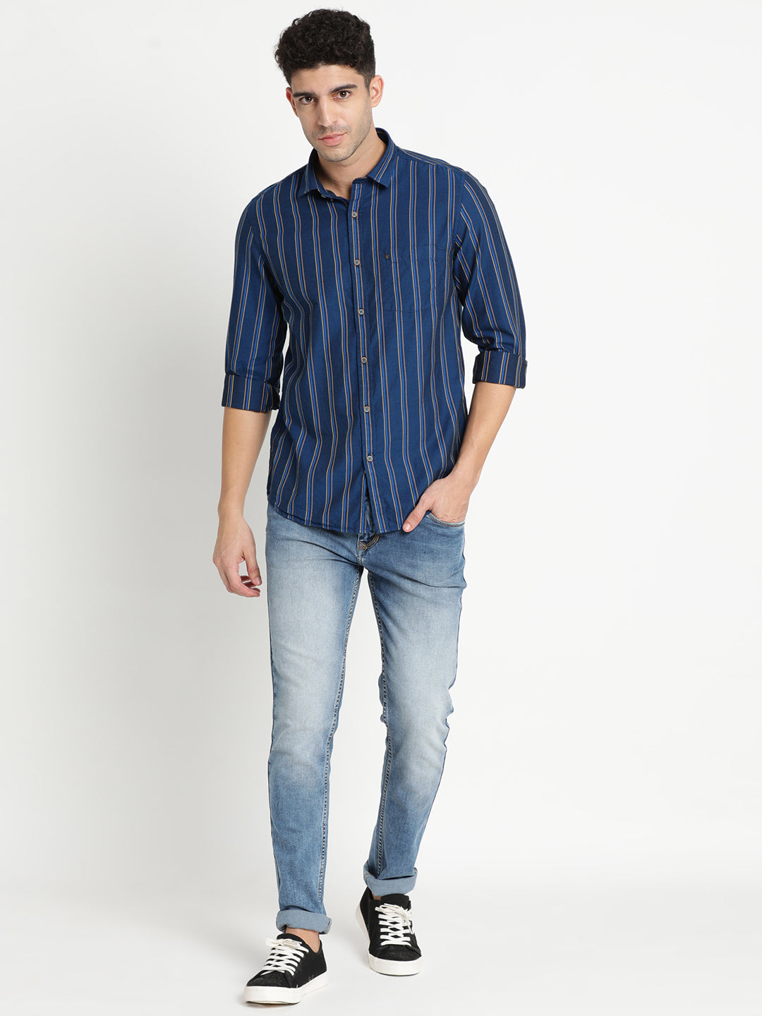 100% Cotton Navy Blue Striped Slim Fit Full Sleeve Casual Shirt