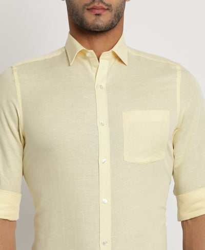 Cotton Linen Yellow Plain Regular Fit Full Sleeve Formal Shirt