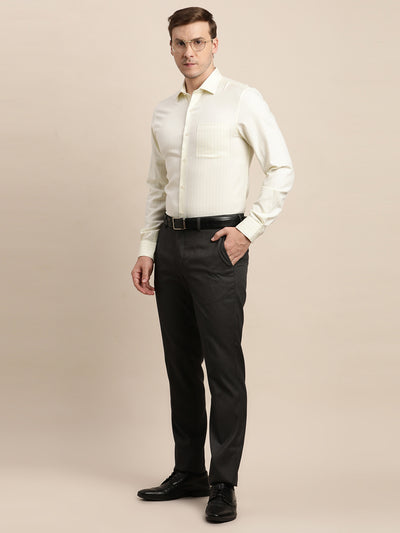 100% Cotton Cream Striped Slim Fit Full Sleeve Formal Shirt