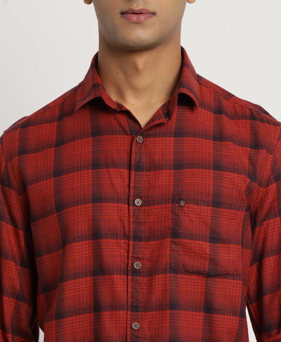 100% Cotton Red Checkered Slim Fit Full Sleeve Casual Shirt