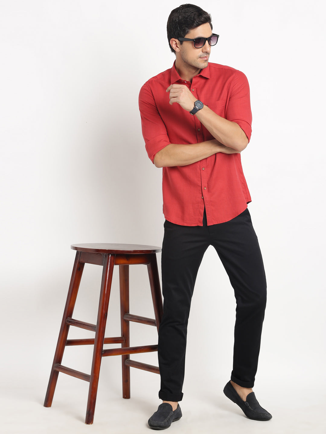 Cotton Lyocell Red Plain Slim Fit Full Sleeve Casual Shirt