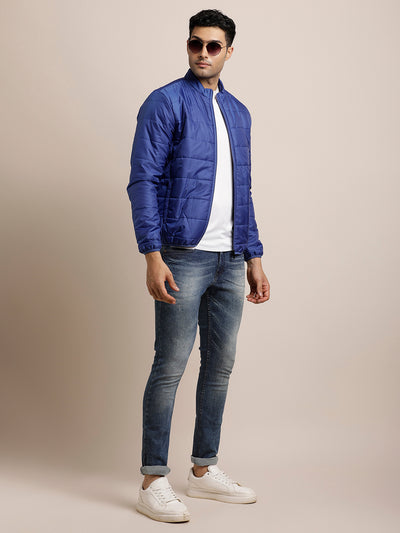 Nylon Solid Blue Zipper Windcheater Jacket