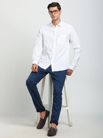 Cotton Linen White Plain Slim Fit Full Sleeve Casual Shirt