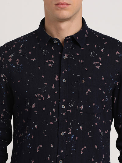 100% Cotton Navy Blue Printed Slim Fit Full Sleeve Casual Shirt