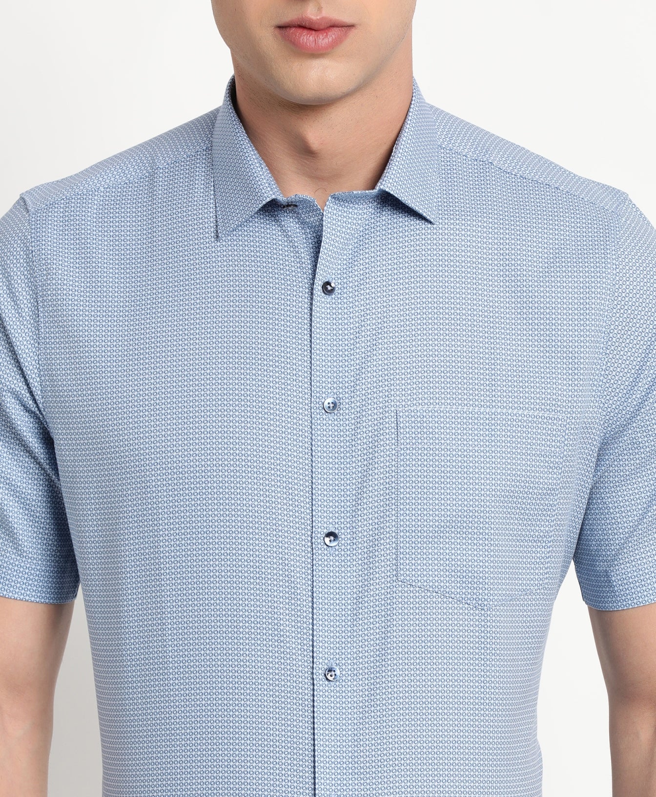 Cotton Tencel Blue Printed Regular Fit Half Sleeve Formal Shirt