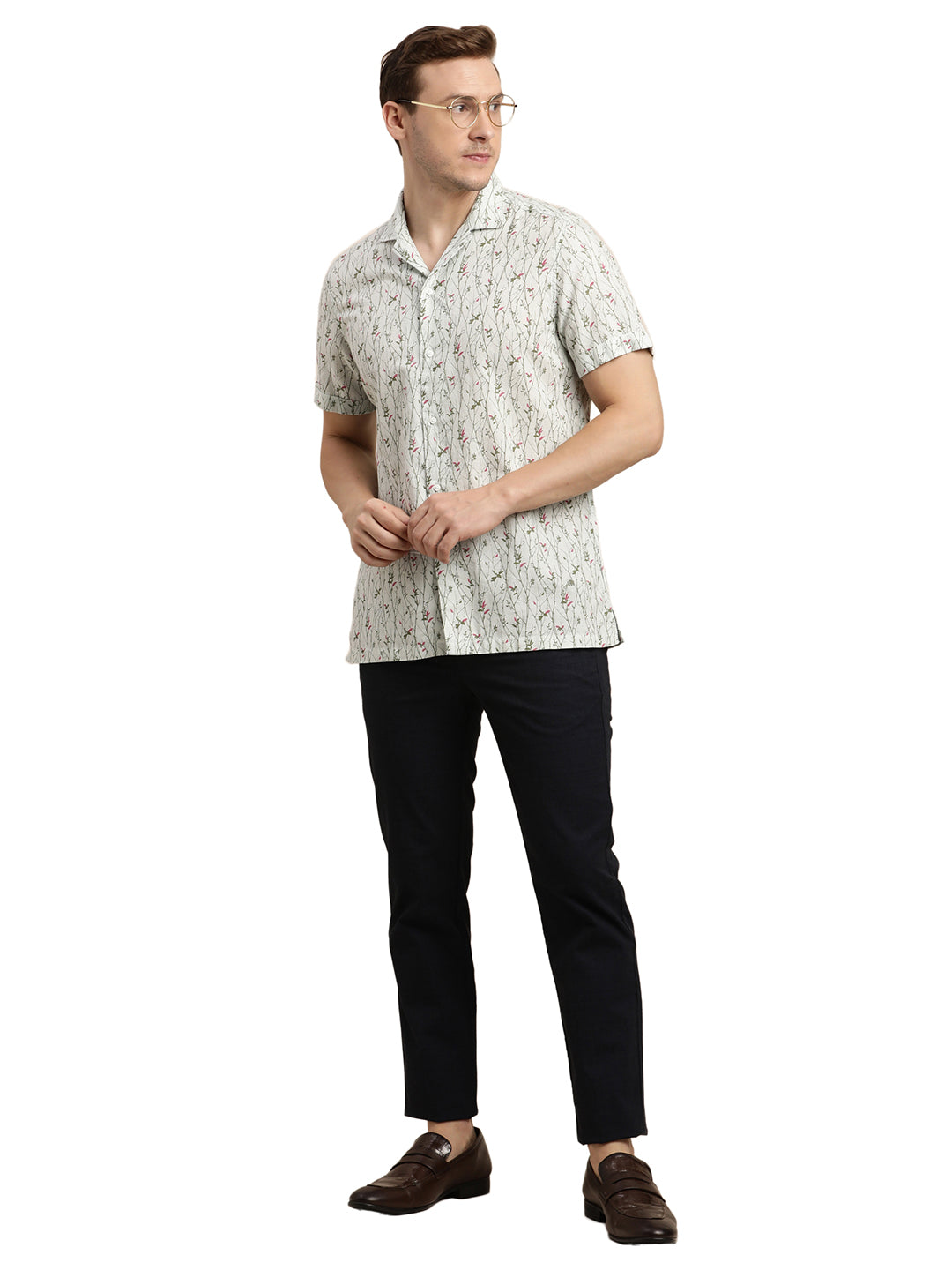 Cotton Linen Cream Printed Slim Fit Half Sleeve Casual Shirt