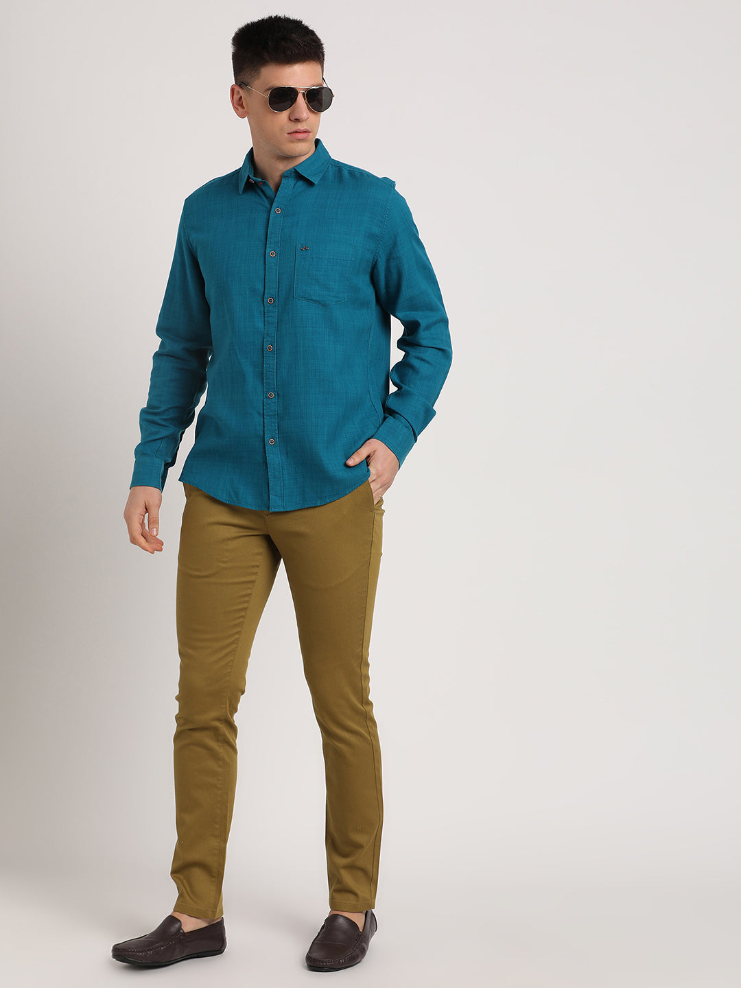 Cotton Lyocell Teal Plain Slim Fit Full Sleeve Casual Shirt