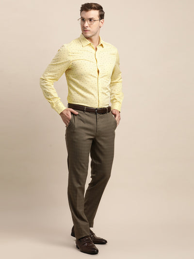 100% Cotton Yellow Printed Slim Fit Full Sleeve Formal Shirt