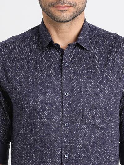 100% Cotton Navy Printed Slim Fit Full Sleeve Formal Shirt