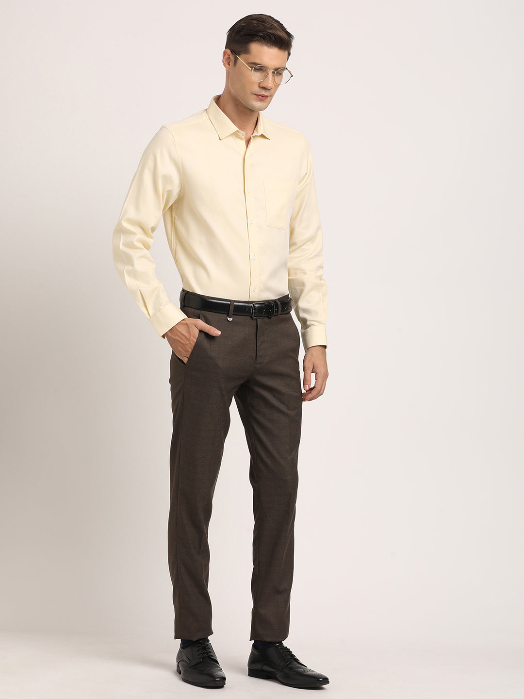 100% Cotton Beige Dobby Slim Fit Full Sleeve Formal Shirt