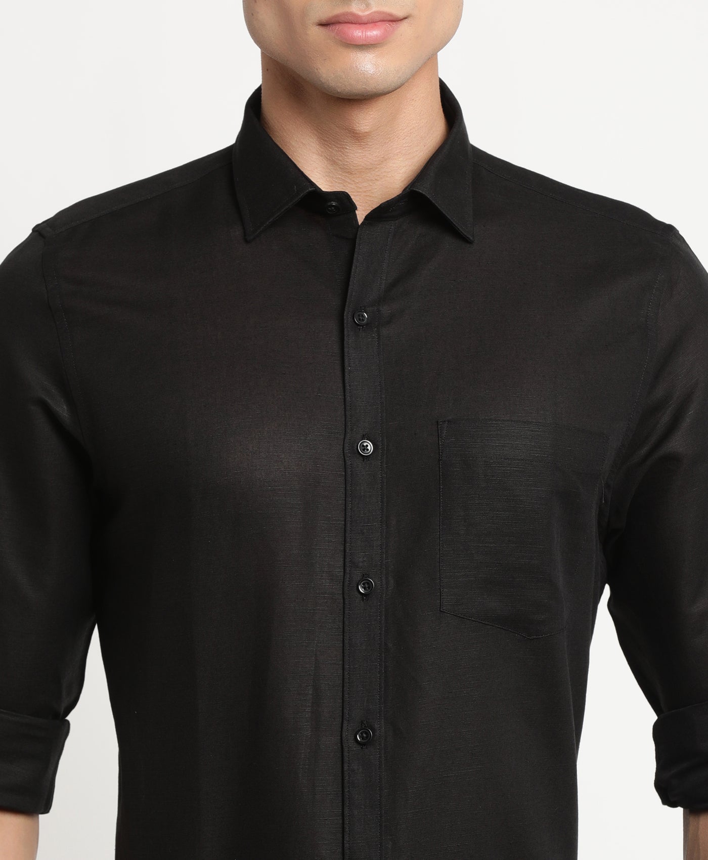 Cotton Linen Black Plain Slim Fit Full Sleeve Formal Shirt