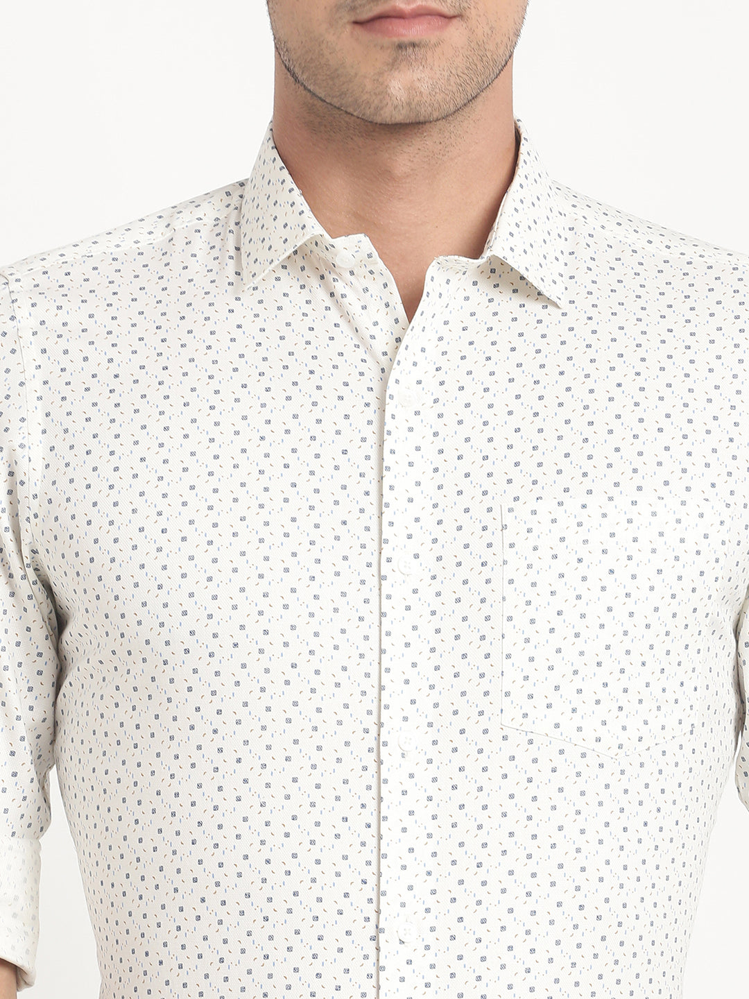 100% Cotton Cream Printed Slim Fit Full Sleeve Formal Shirt