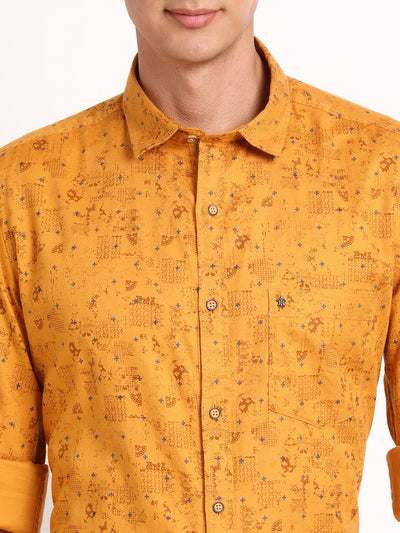 100% Cotton Mustard Printed Slim Fit Full Sleeve Casual Shirt