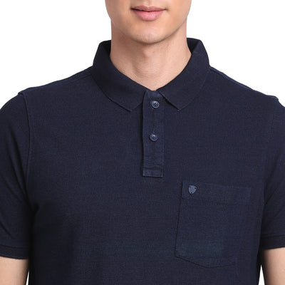 100% Cotton Navy Blue Striped Polo Neck Half Sleeve Casual T-Shirt