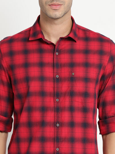 100% Cotton Red Checkered Slim Fit Full Sleeve Casual Shirt