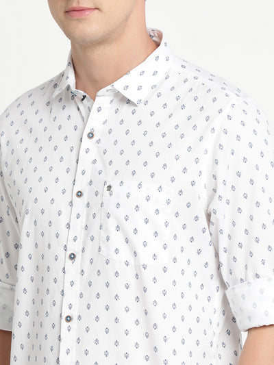 100% Cotton White Printed Slim Fit Full Sleeve Casual Shirt