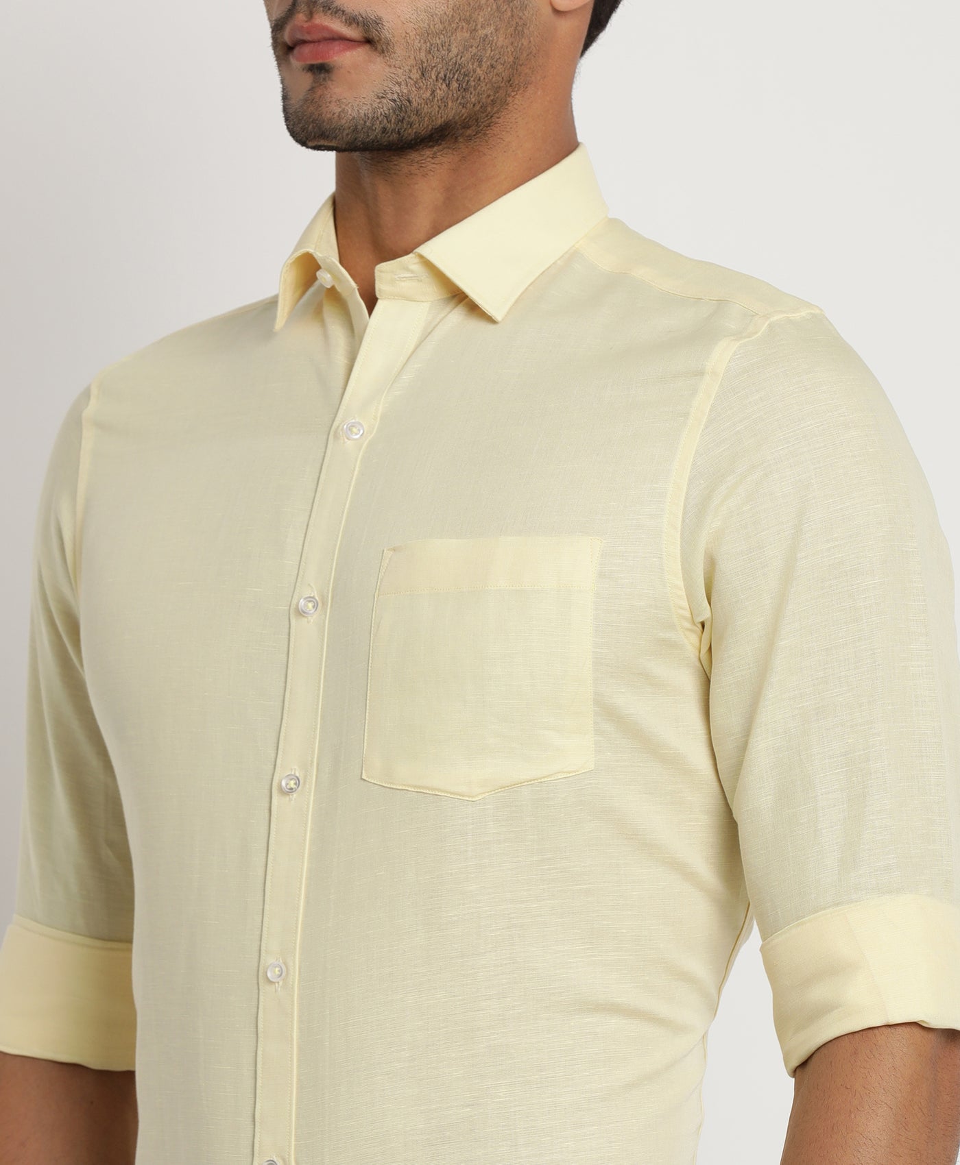 Cotton Linen Yellow Plain Regular Fit Full Sleeve Formal Shirt