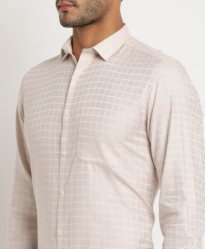 Giza Cotton Beige Checkered Regular Fit Full Sleeve Formal Shirt