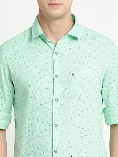 100% Cotton Light Green Printed Slim Fit Full Sleeve Casual Shirt