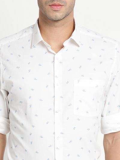 100% Cotton White Printed Regular Fit Full Sleeve Formal Shirt