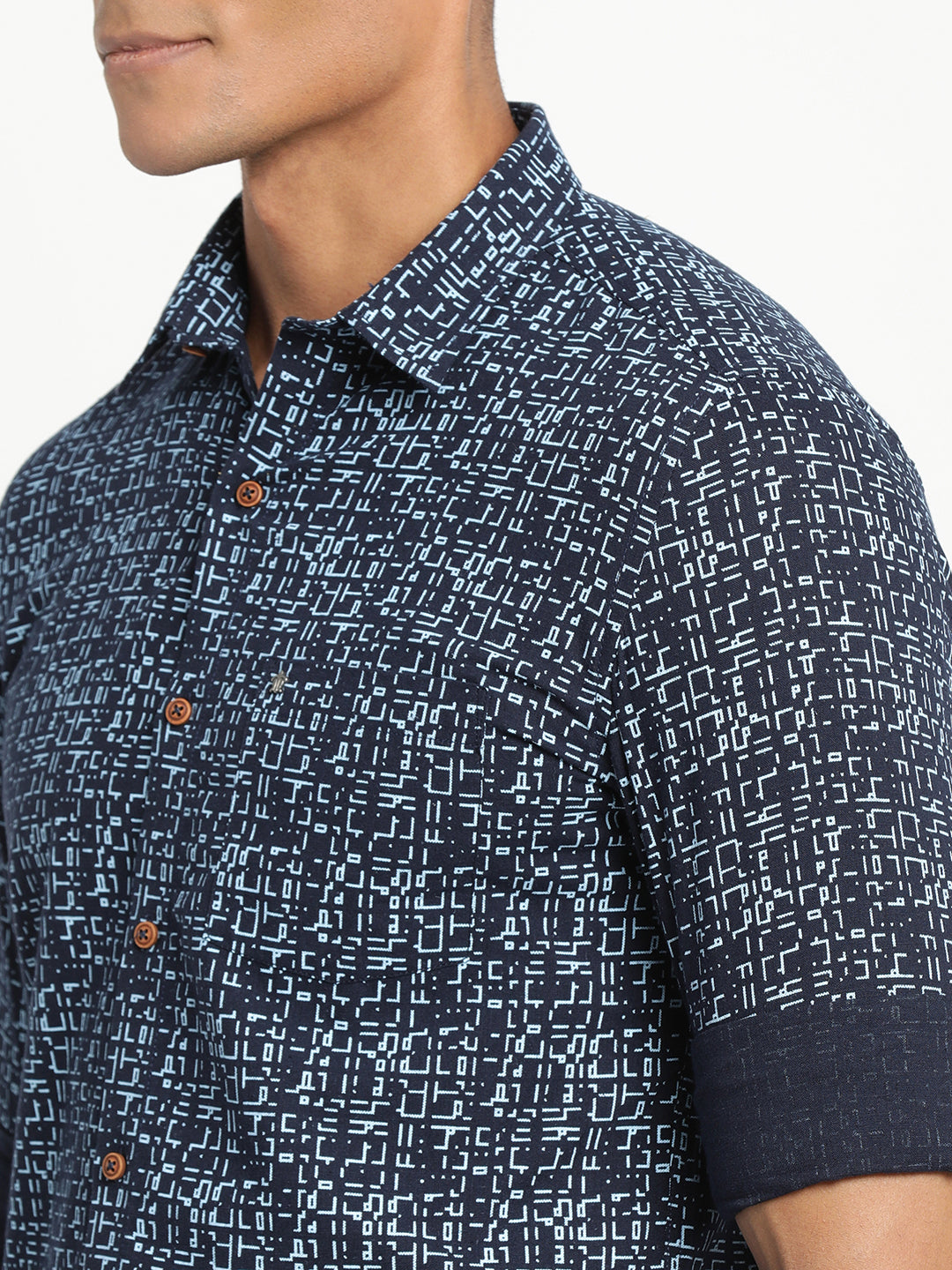 Khadi Navy Blue Printed Slim Fit Full Sleeve Casual Shirt