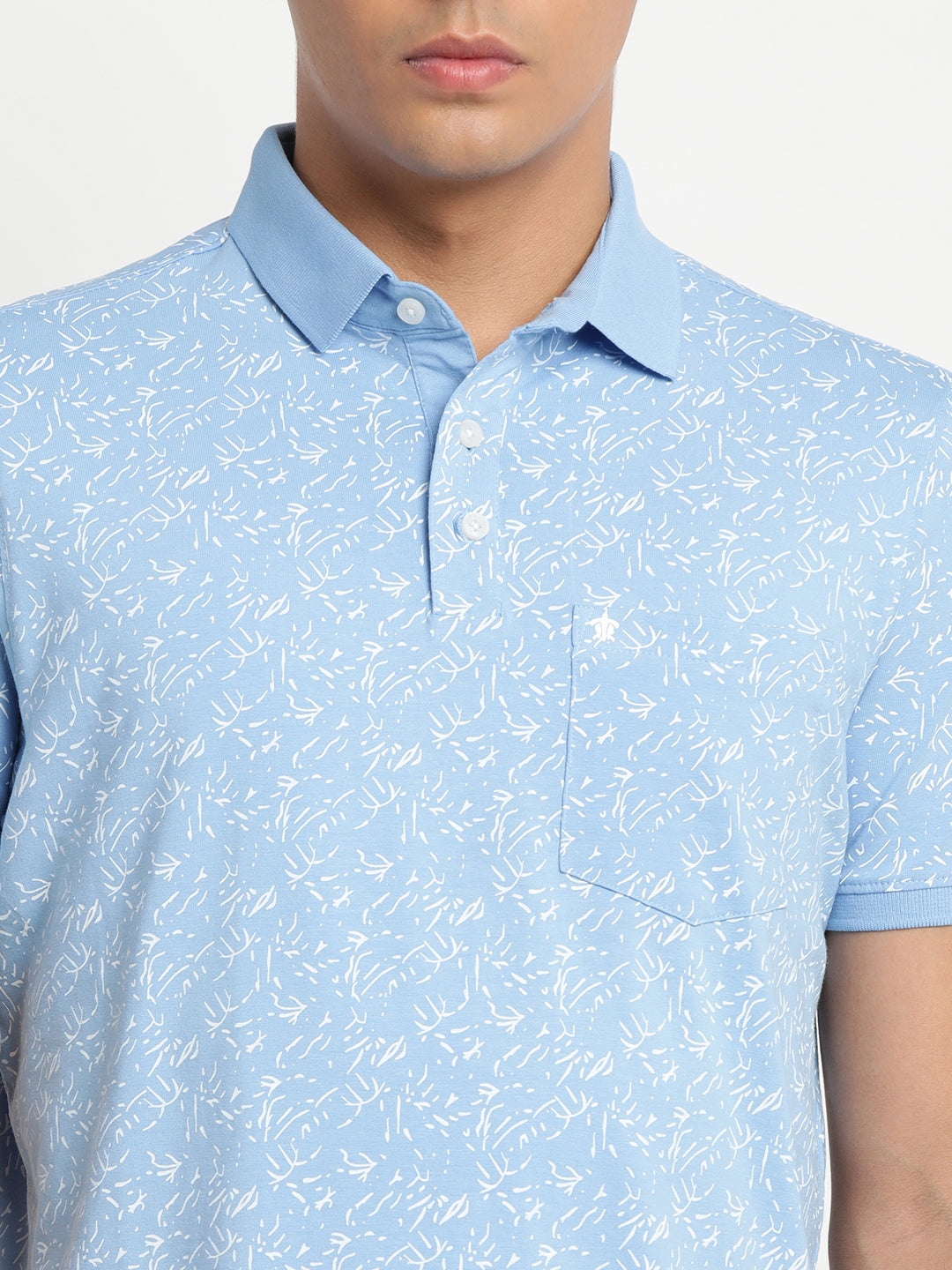 Cotton Sky Blue Printed Polo Neck T-Shirts