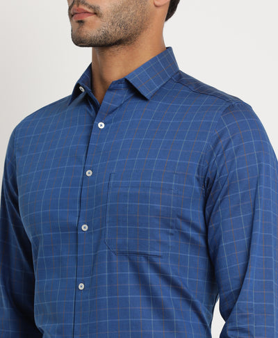 100% Cotton Blue Checkered Regular Fit Full Sleeve Formal Shirt