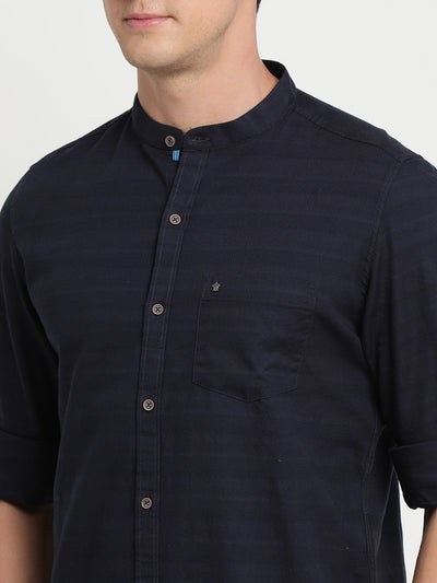 Turtle Men Navy Blue Cotton Self Design Slim Fit Casual Shirts