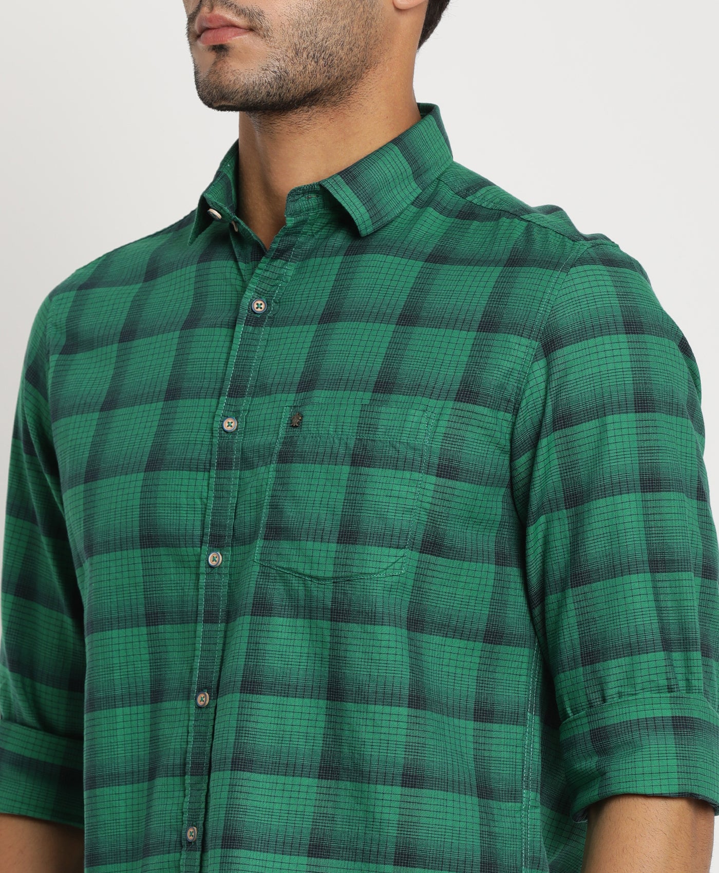 100% Cotton Green Checkered Slim Fit Full Sleeve Casual Shirt