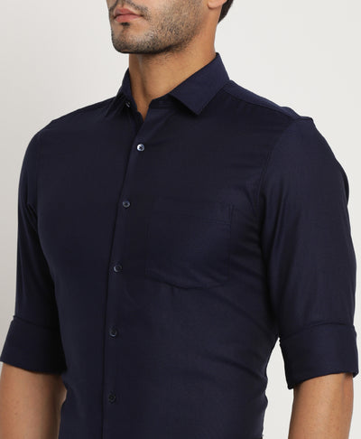 Giza Cotton Navy Blue Dobby Slim Fit Full Sleeve Formal Shirt