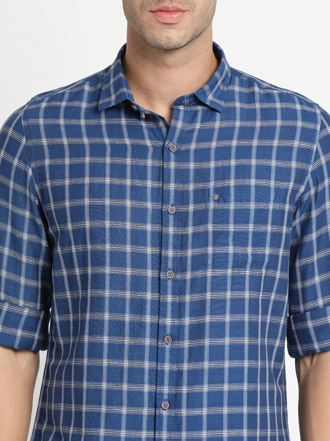 Cotton Linen Blue Checkered Slim Fit Full Sleeve Casual Shirt