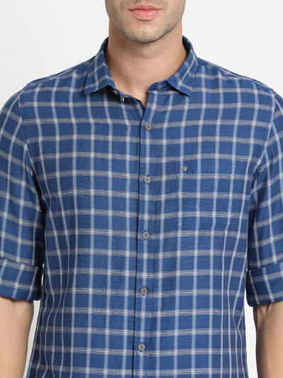 Cotton Linen Blue Checkered Slim Fit Full Sleeve Casual Shirt