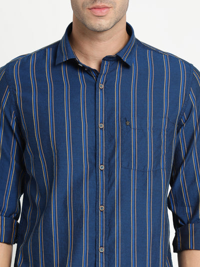 100% Cotton Navy Blue Striped Slim Fit Full Sleeve Casual Shirt