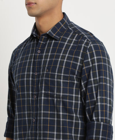 Cord Navy Blue Checkered Slim Fit Full Sleeve Casual Shirt