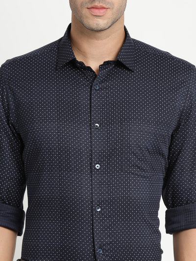 Cotton Tencel Black Printed Regular Fit Full Sleeve Formal Shirt