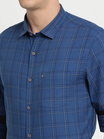 100% Cotton Blue Checkered Slim Fit Full Sleeve Casual Shirt