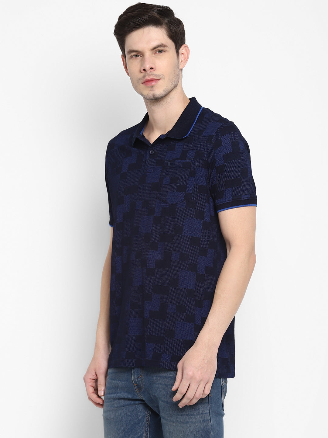 100% Cotton Indigo Navy Blue Printed Polo Neck Half Sleeve Casual T-Shirt
