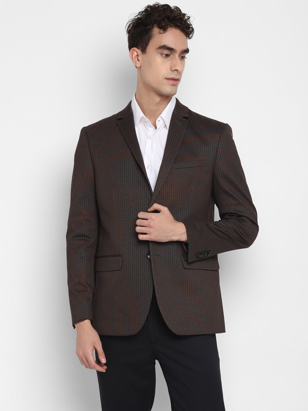 Knitted Brown Striped Regular Fit Full Sleeve Casual Blazer