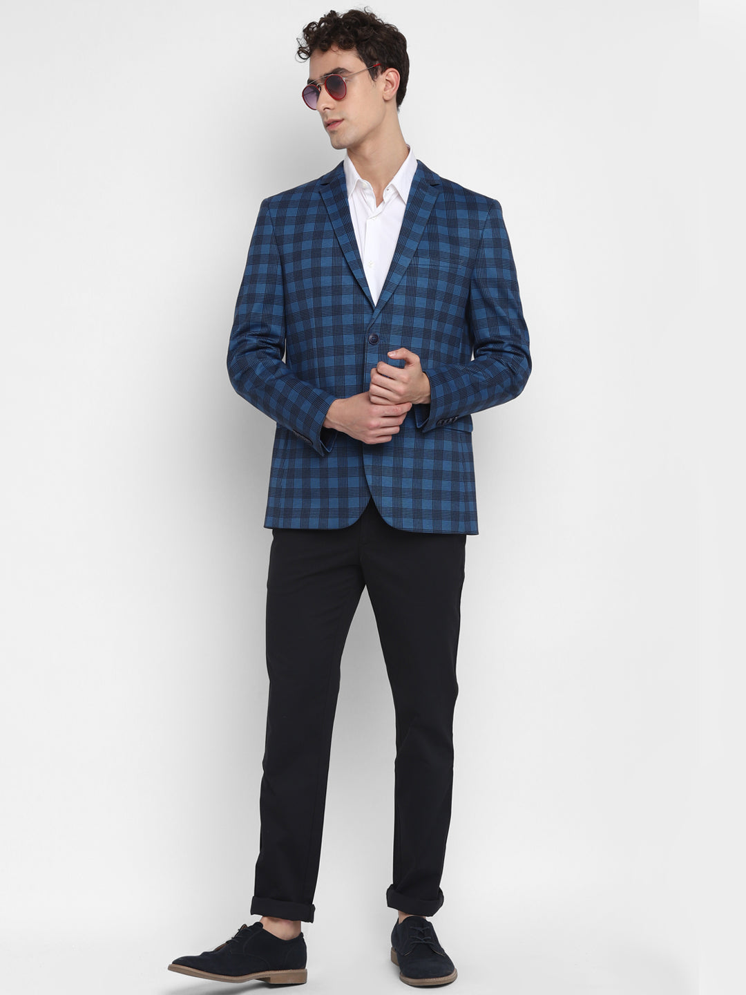 Knitted Blue Checkered Regular Fit Full Sleeve Casual Blazer