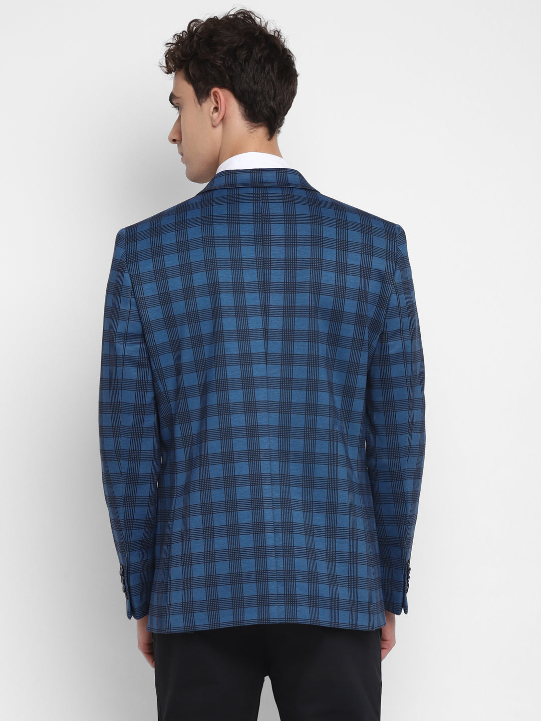 Knitted Blue Checkered Regular Fit Full Sleeve Casual Blazer